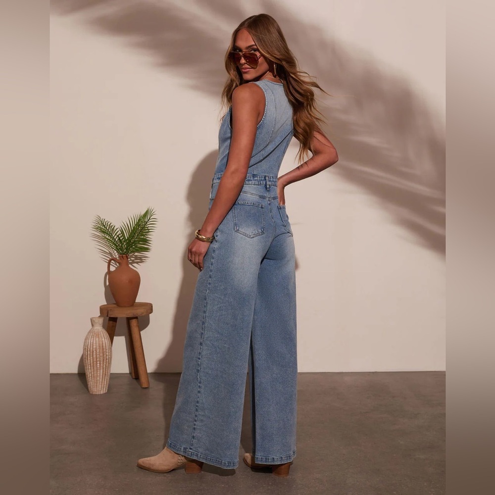 Western Mid Wash Denim Jumpsuit – Wide Leg One-Piece - Picture 2 of 10